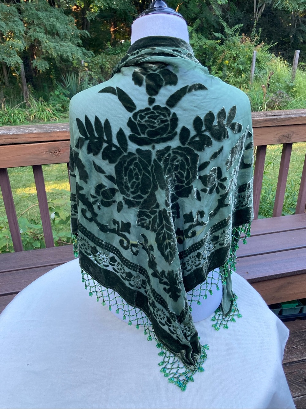 Vintage Rose Silk Velvet Burnout Triangle Shawl Green Floral Beaded Fringe